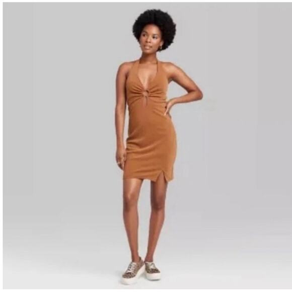 Wild Fable Womens Halter Mini Dress Size Large Brown Shimmer Mini - Picture 1 of 13